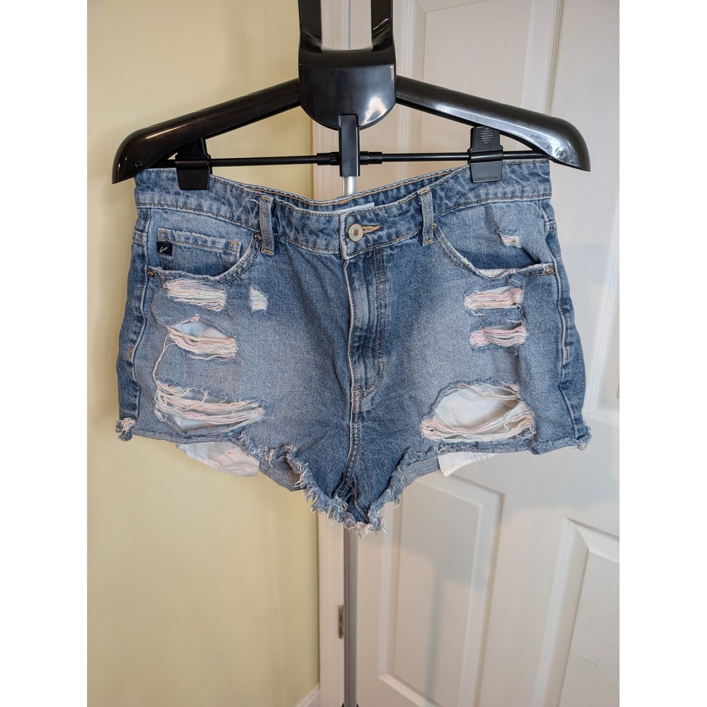 KanCan Distressed Denim Shorts Blue Pastel Thread Exposed Pockets - Size 13/30